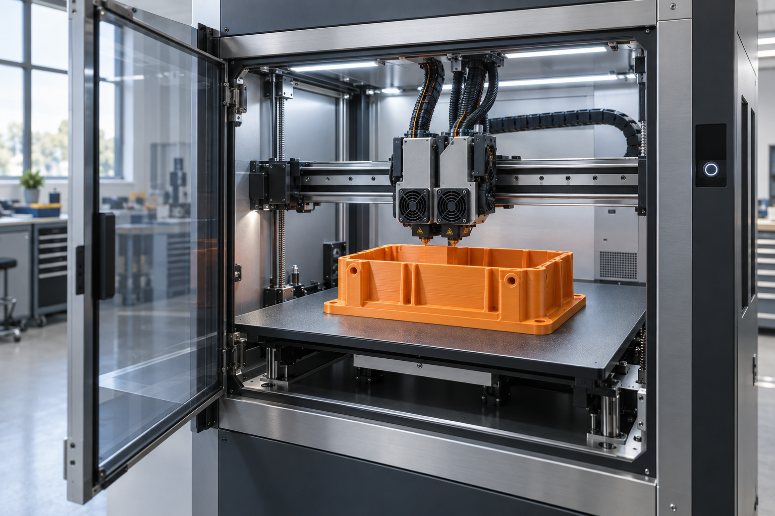 Illustrative industrial enclosed 3D printer building an orange engineering housing in a professional lab