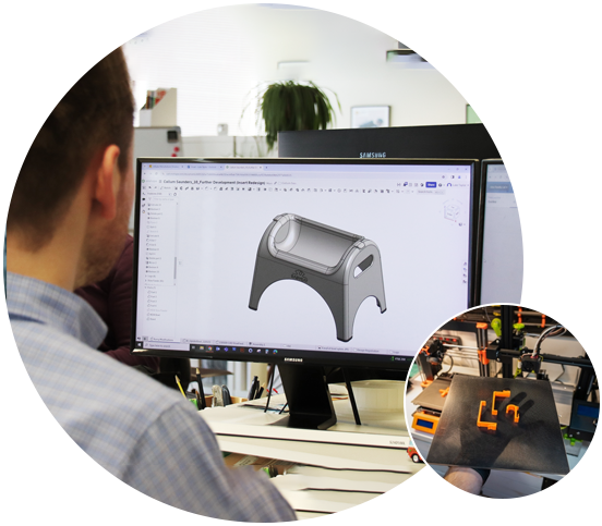 Designer developing a product housing in CAD, with a 3D printer inset
