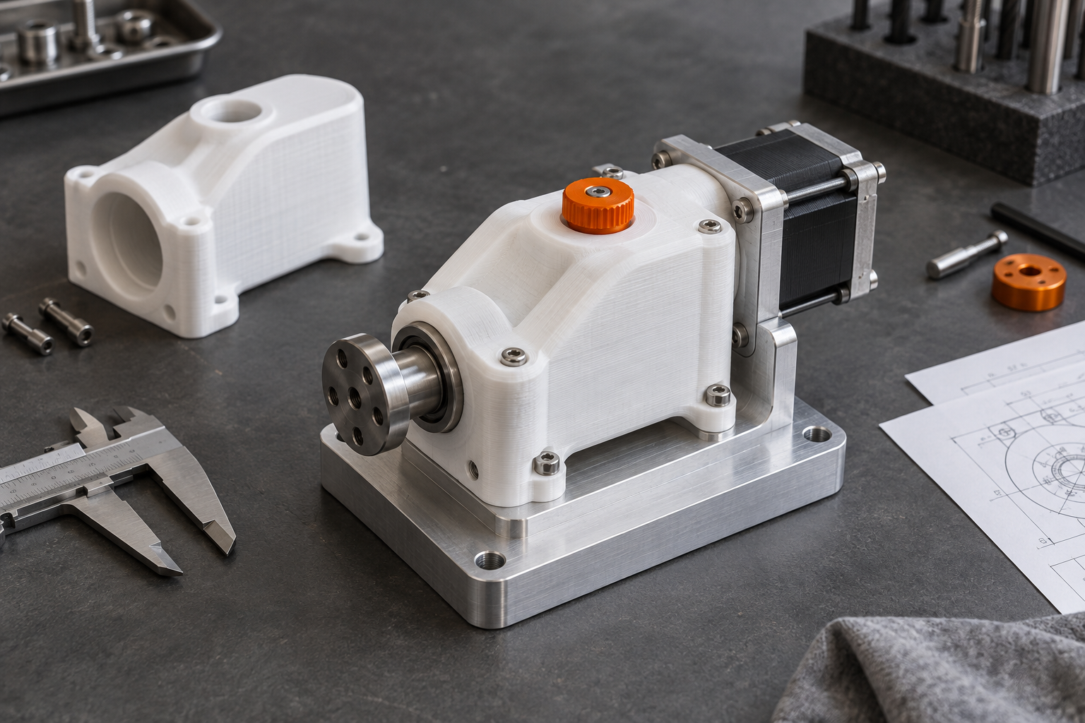 Illustrative mechanical prototype with an aluminum base, white printed housing, and orange adjustment detail on an engineering workbench